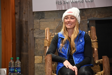 KILLINGTON, VT - NOVEMBER 23: Mikaela Shiffrin answers questions from the media during a press conference prior to the Killington Cup at Killington Ski Resort on November 23, 2018 in Killington, Vermont.のeditorial素材