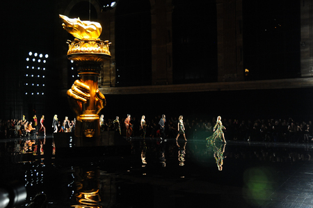 NEW YORK, NEW YORK - DECEMBER 02: Models walk the runway finale during the Versace Pre-Fall 2019 Collection at The American Stock Exchange on December 02, 2018 in New York City.のeditorial素材