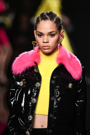 NEW YORK, NEW YORK - DECEMBER 02: Hiandra Martinez walks the runway at the Versace Pre-Fall 2019 Collection at The American Stock Exchange on December 02, 2018 in New York City.のeditorial素材