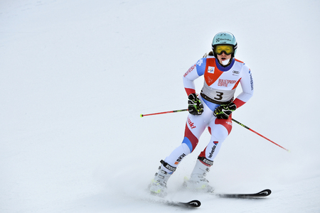 KILLINGTON, VT - NOVEMBER 24: Wendy Holderner of SUI reacts in the finish area after the second run of the giant slalom at the Audi FIS Ski World Cup - Killington Cup on November 24, 2018 in Killington, Vermont.のeditorial素材