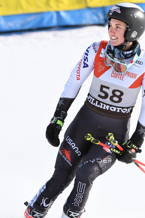 KILLINGTON, VT - NOVEMBER 24: Nina O Brien of USA  in the finish area after the second run of the giant slalom at the Audi FIS Ski World Cup - Killington Cup on November 24, 2018 in Killington, Vermont.のeditorial素材