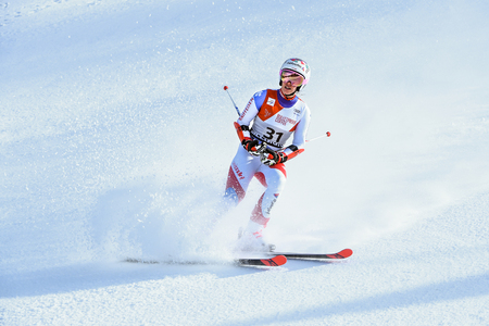 KILLINGTON, VT - NOVEMBER 24: Michelle Gisin of SUI in the finish area after the second run of the giant slalom at the Audi FIS Ski World Cup - Killington Cup on November 24, 2018 in Killington, Vermont.のeditorial素材