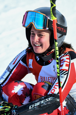 KILLINGTON, VT - NOVEMBER 24: Mikaela Tommy of Canada reacts in the finish area after the first run of the giant slalom at the Audi FIS Ski World Cup - Killington Cup on November 24, 2018 in Killington, Vermont.のeditorial素材