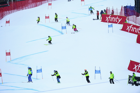KILLINGTON, USA - NOVEMBER 24: A general view of course with slippers during the Audi FIS Alpine Ski World Cup Women's Giant Slalom on November 24, 2018 in Killington USA.のeditorial素材