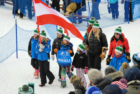 KILLINGTON, USA - NOVEMBER 24: An opening parade at Finish Area, Bottom of Superstar Trail during the Audi FIS Alpine Ski World Cup Women's Giant Slalom on November 24, 2018 in Killington USA.のeditorial素材