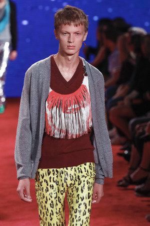 NEW YORK, NY - SEPTEMBER 11: A model walks the runway for Calvin Klein Collection during New York Fashion Week at New York Stock Exchange on September 11, 2018 in New York City.のeditorial素材