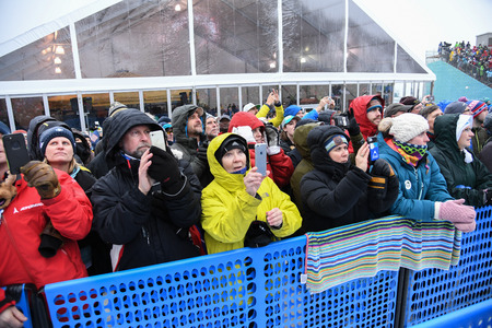KILLINGTON, VT - NOVEMBER 25: Race fans cheer during the Women's Slalom race during the Audi FIS Ski World Cup - Killington Cup on November 25, 2018 in Killington, Vermont.のeditorial素材