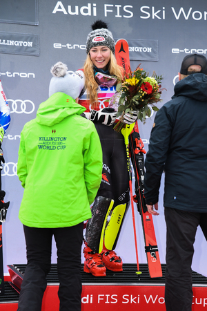 KILLINGTON, VT - NOVEMBER 25: Mikaela Shiffrin of the United States celebrates after winning the Women's Slalom during the Audi FIS Ski World Cup - Killington Cup on November 25, 2018 in Killington, Vermont.のeditorial素材