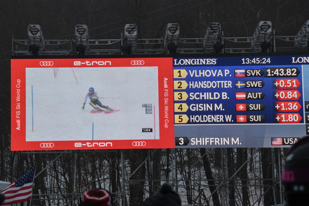 KILLINGTON, USA - NOVEMBER 25: A general view to Festival Village and people during the Audi FIS Alpine Ski World Cup Women's Giant Slalom on November 25, 2018 in Killington USA.のeditorial素材
