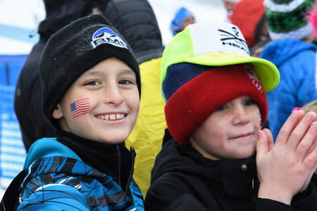 KILLINGTON, VT - NOVEMBER 25: Race fans cheer during the Women's Slalom race during the Audi FIS Ski World Cup - Killington Cup on November 25, 2018 in Killington, Vermont.のeditorial素材