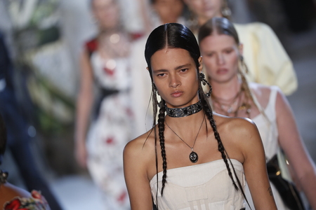 PARIS, FRANCE - OCTOBER 01: Models walk the runway finale during the Alexander McQueen Paris show as part of the Paris Fashion Week Womenswear Spring/Summer 2019 on October 1, 2018 in Paris, France.のeditorial素材