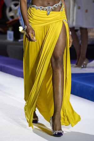 MILAN, ITALY - FEBRUARY 21: A model walks the runway at the Moschino show at Milan Fashion Week Autumn/Winter 2019/20 on February 21, 2019 in Milan, Italy.のeditorial素材