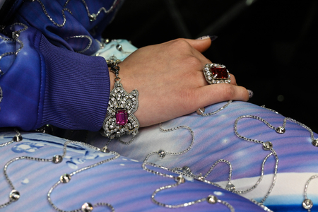 MILAN, ITALY - FEBRUARY 21: A model posing backstage before the Moschino show at Milan Fashion Week Autumn/Winter 2019/20 on February 21, 2019 in Milan, Italy.のeditorial素材