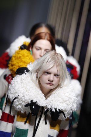MILAN, ITALY - FEBRUARY 19: Models walk the runway finale at the United Colors Of Benetton show at Milan Fashion Week Autumn/Winter 2019/20 on February 19, 2019 in Milan, Italy.のeditorial素材