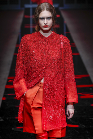 MILAN, ITALY - FEBRUARY 21: A model walks the runway at the Emporio Armani show at Milan Fashion Week Autumn/Winter 2019/20 on February 21, 2019 in Milan, Italy.のeditorial素材