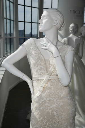 NEW YORK, NY - APRIL 13: Wedding gowns on mannequins during the Nicole by Pronovias Spring 2020 bridal presentation at New York Fashion Week: Bridal on April 13, 2019 in NYC.のeditorial素材