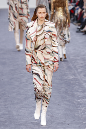 MILAN, ITALY - FEBRUARY 23: A model walks the runway at the Roberto Cavalli show at Milan Fashion Week Autumn/Winter 2019/20 on February 23, 2019 in Milan, Italy.のeditorial素材