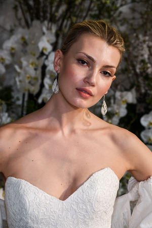 NEW YORK, NY - APRIL 13: A model poses during the Anne Barge Spring 2020 bridal fashion presentation at New York Fashion Week: Bridal on April 13, 2019 in NYC.のeditorial素材