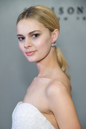 NEW YORK, NY - APRIL 12: A model poses during the Allison Webb Spring 2020 bridal fashion presentation at New York Fashion Week: Bridal on April 12, 2019 in NYC.のeditorial素材
