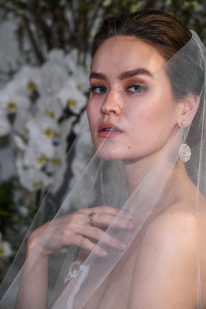 NEW YORK, NY - APRIL 13: A model poses during the Anne Barge Spring 2020 bridal fashion presentation at New York Fashion Week: Bridal on April 13, 2019 in NYC.のeditorial素材