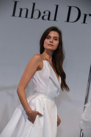 NEW YORK, NY - APRIL 13: A model poses during the Inbal Dror Spring 2020 bridal fashion presentation at New York Fashion Week: Bridal on April 13, 2019 in NYC.のeditorial素材