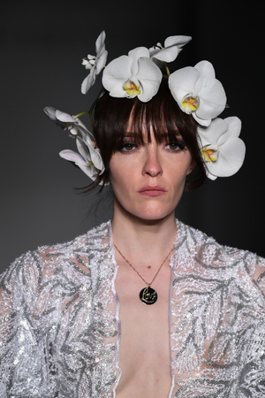 NEW YORK, NY - APRIL 13: A model walks the runway  during the Irina Shabayeva Bridal Spring 2020 fashion collection at New York Fashion Week: Bridal on April 13, 2019 in NYC.のeditorial素材