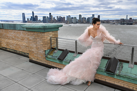 NEW YORK, NY - APRIL 15: A model posing during the Ines Di Santo Spring 2020 bridal fashion presentation at New York Fashion Week: Bridal on April 15, 2019 in NYC.のeditorial素材