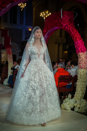 NEW YORK, NY - APRIL 11: A model walks the runway  during the Reem Acra Bridal Spring 2020 fashion collection at New York Fashion Week: Bridal on April 11, 2019 in NYC.のeditorial素材