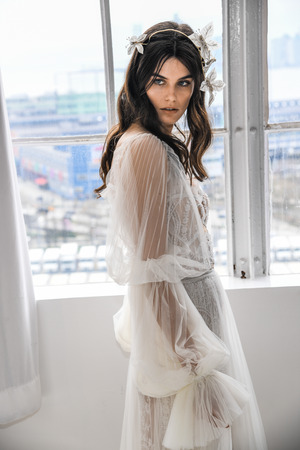 NEW YORK, NY - APRIL 14: A model posing during Galia Lahav Spring 2020 bridal fashion presentation at New York Fashion Week: Bridal on April 14, 2019 in NYC.のeditorial素材