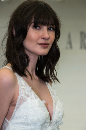 NEW YORK, NY - APRIL 12: A model posing during Lazaro  Spring 2020 bridal fashion presentation at New York Fashion Week: Bridal on April 12, 2019 in NYC.のeditorial素材