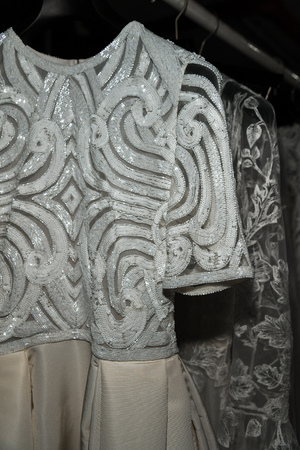 NEW YORK, NY - APRIL 16: Dresses on hangers during Naeem Khan Spring 2020 bridal fashion presentation at New York Fashion Week: Bridal on April 16, 2019 in NYC.のeditorial素材