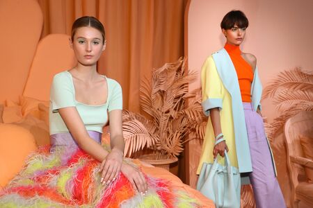 NEW YORK, NEW YORK - SEPTEMBER 09: Models pose for Alice plus Olivia By Stacey Bendet Presentation...