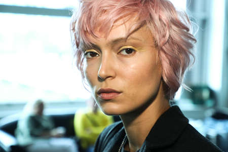 NEW YORK, NY - SEPTEMBER 08: A model posing backstage before the Custo Barcelona show during New York Fashion Week: The Shows at Pier 59 on September 8, 2018 in New York City.のeditorial素材