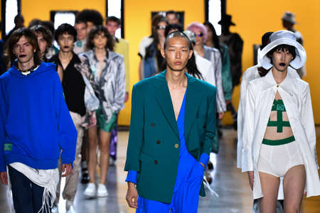 NEW YORK, NEW YORK - SEPTEMBER 05: Models walk the runway finale for Dirty Pineapple during New York...