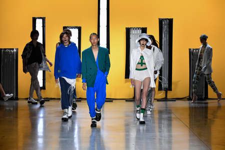 NEW YORK, NEW YORK - SEPTEMBER 05: Models walk the runway finale for Dirty Pineapple during New York...