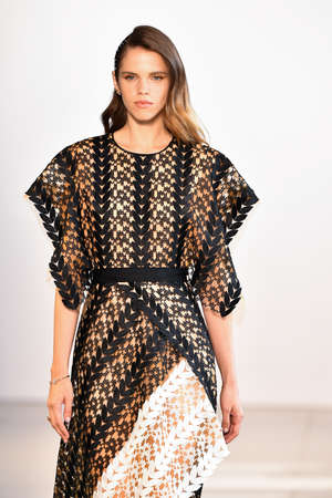 NEW YORK, NEW YORK - SEPTEMBER 10: A model walks the runway for Bibhu Mohapatra during New York...