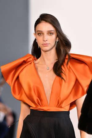 NEW YORK, NEW YORK - SEPTEMBER 10: A model walks the runway for Bibhu Mohapatra during New York...