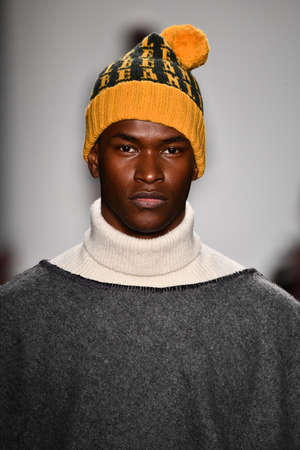 NEW YORK, NEW YORK - FEBRUARY 05: A model walks the runway ay the Todd Snyder fashion show during...