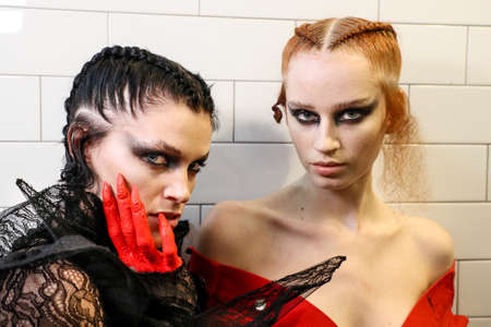 NEW YORK, NEW YORK - SEPTEMBER 10: Models posing backstage during Kaimin Ready to Wear Spring/Summer 2020 fashion show during New York Fashion Week on September 10, 2019 in New York City.のeditorial素材