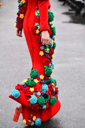JAMAICA, NEW YORK - FEBRUARY 06: A model walks the runway for VUNGOC and SON during Jessica Minh Anhâs Runway on Runway Winter Fashion Show at DHL hub JFK Airport on February 06, 2020 in NYのeditorial素材