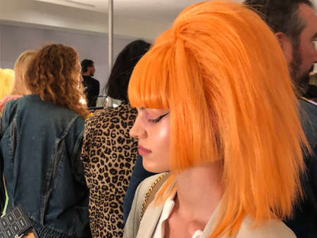 NEW YORK, NEW YORK - SEPTEMBER 06: A model posing  backstage for the Jeremy Scott runway show during NYFW at Spring Studios on September 06, 2019 in NYCのeditorial素材