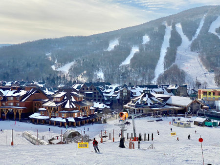 Vermont, USA - December 11, 2020 : top view to the Spruce peak ski village the Stowe Mountain ski resort in Stowe, Vermont USAのeditorial素材