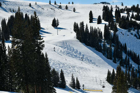 View to the mountains from the top angle. Sunny day at Vail Ski resort, Colorado, USA
