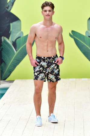 MIAMI BEACH, FLORIDA - JULY 11: A model walks for Maaji: The Spritzer House Spring '22 Runway Show during Paraiso Miami Beach at Plymouth Hotel on July 11, 2021 in Miami Beach, Florida.のeditorial素材
