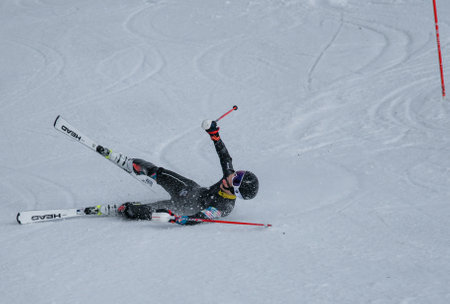 VERMONT - DECEMBER, 17: Young skiers from Mount Mansfield Academy practising on Spruce Peak Race Course Stowe Mountain Resort on December 17, 2021 in Stowe, VT, USA.のeditorial素材