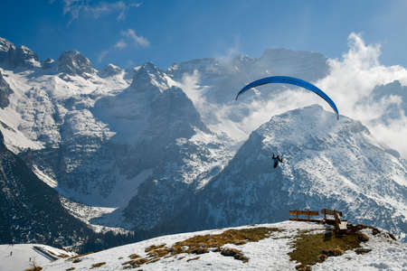 Paragliding flights at Pinzolo Ski Resort in Val Rendena in Trentino in the northern Italian Alps.の写真素材