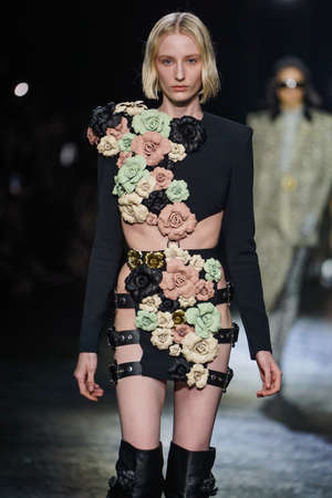 MILAN, ITALY - FEBRUARY 23: A model walks the runway at the Roberto Cavalli fashion show during the Milan Fashion Week Fall/Winter 2022/2023 on February 23, 2022 in Milan, Italy.のeditorial素材