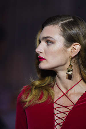 MILAN, ITALY - FEBRUARY 25: A model walks the runway at the Elisabetta Franchi fashion show during...