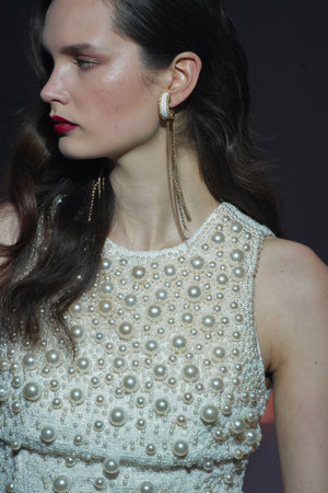 MILAN, ITALY - FEBRUARY 25: A model walks the runway at the Elisabetta Franchi fashion show during the Milan Fashion Week Fall/Winter 2022/2023 on February 25, 2022 in Milan, Italy.のeditorial素材