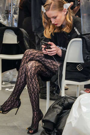 MILAN, ITALY - FEBRUARY 25: A model posing backstage before  the Elisabetta Franchi fashion show...